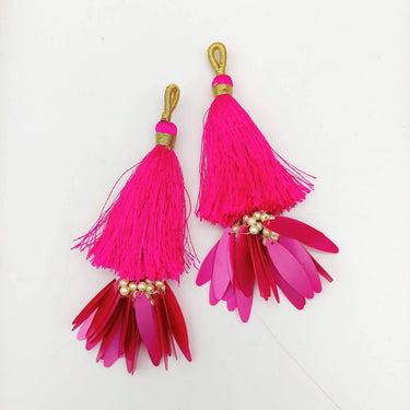 Fuchsia Pink Tassels With Long Sequins And Seed Pearl Beads, Beaded Thread Tassel Charms, 2 Pcs